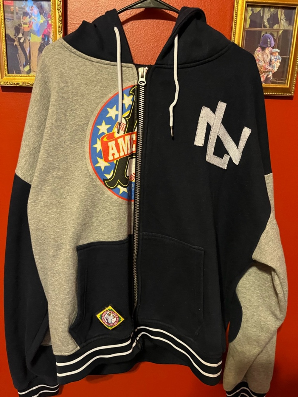 Two-Tone Navy and Heather Gray Zip Hoodie with Graphic Patch